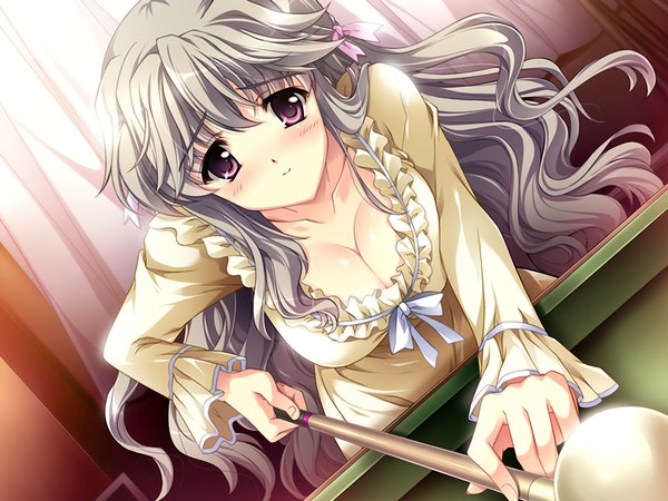 Anime picture 1024x768 with damatte watashi no muko ni nare! long hair blush breasts light erotic brown eyes game cg cleavage silver hair grey hair curly hair billiards girl cue stick pool table cue ball