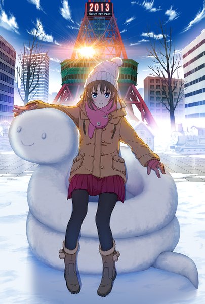 Anime picture 811x1200 with original studio outline single tall image looking at viewer blush short hair blue eyes brown hair sky cloud (clouds) pleated skirt winter snow 2013 girl skirt jacket boots scarf