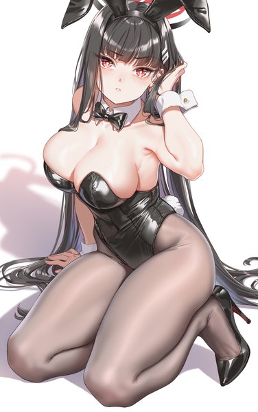 Anime picture 940x1500 with blue archive rio (blue archive) fangxiang cuoluan single long hair tall image looking at viewer blush fringe breasts light erotic black hair simple background red eyes large breasts white background sitting animal ears full body tail