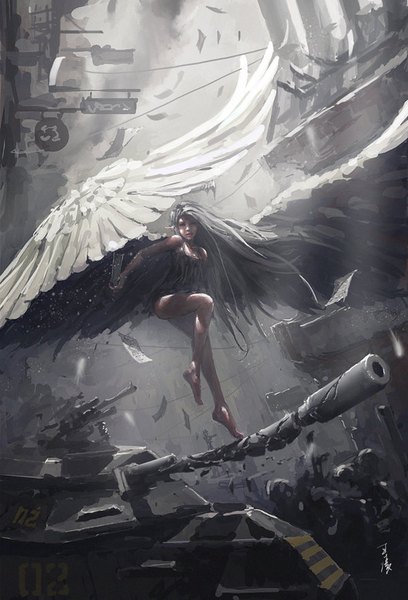 Anime picture 600x882 with ghost blade wlop single long hair tall image bent knee (knees) outdoors parted lips lips pointy ears grey hair legs white wings weightlessness broken girl wings ground vehicle paper tank