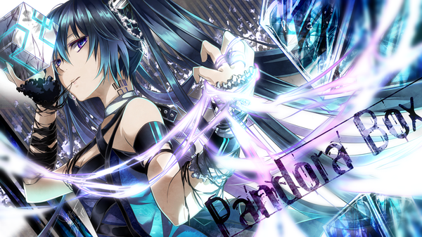 Anime picture 1400x788 with vocaloid hatsune miku tyouya long hair wide image purple eyes twintails bare shoulders blue hair girl barcode cube