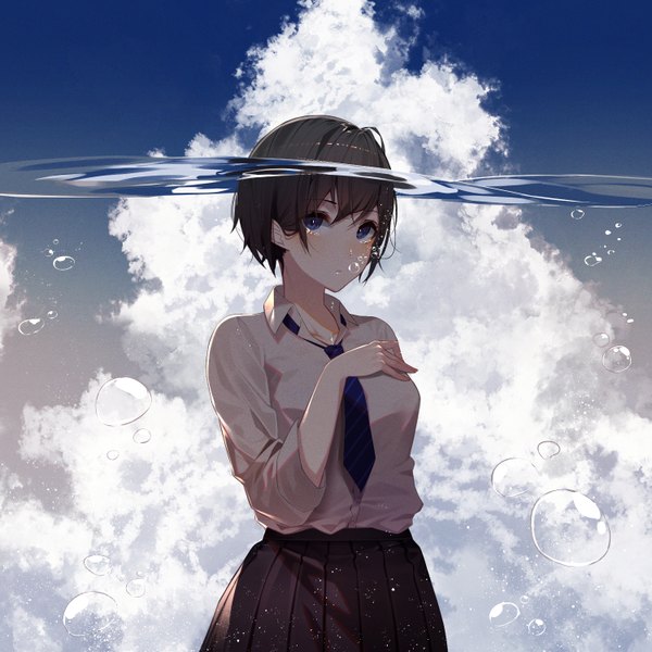 Anime picture 1500x1500 with original kisui single looking at viewer blush fringe short hair breasts blue eyes black hair hair between eyes standing sky cloud (clouds) hand on chest underwater open collar girl skirt uniform