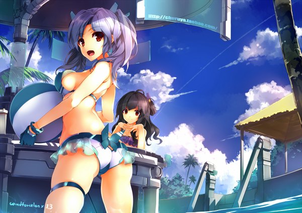 Anime picture 1636x1157 with original windforcelan 33 (mkiiiiii) long hair open mouth light erotic black hair red eyes twintails bare shoulders signed sky purple hair cloud (clouds) ass sideboob girl swimsuit bikini water