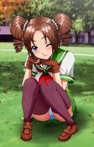 Anime picture 2171x3408 with the king of fighters snk zel-sama single tall image blush fringe highres light erotic brown hair sitting twintails purple eyes full body one eye closed light smile wink pantyshot drill hair pantyshot sitting