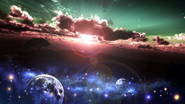 Anime picture 3342x1880 with original y-k highres wide image sky cloud (clouds) landscape glow space plant (plants) tree (trees) moon star (stars) sun earth