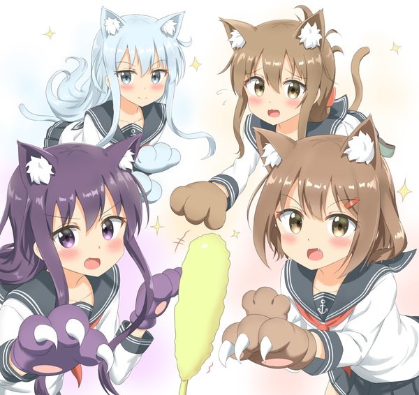 Anime picture 2475x2336 with kantai collection hibiki destroyer akatsuki destroyer inazuma destroyer ikazuchi destroyer nedia (nedia region) long hair blush highres open mouth blue eyes simple background smile brown hair white background purple eyes multiple girls brown eyes animal ears blue hair