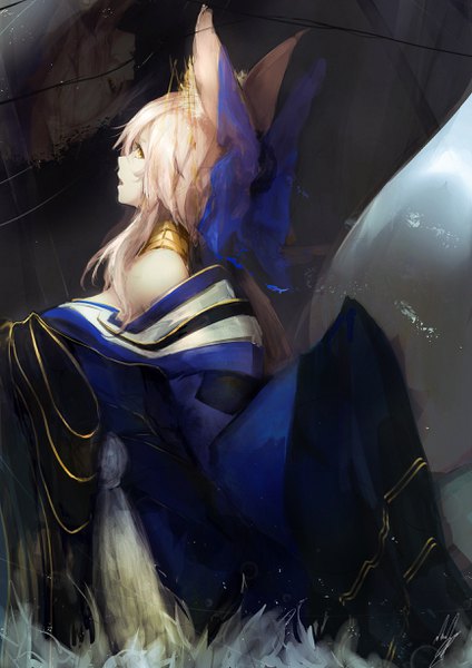 Anime picture 1736x2455 with fate (series) fate/grand order fate/extra tamamo (fate) (all) tamamo no mae (fate) marumoru single long hair tall image highres breasts open mouth large breasts animal ears yellow eyes looking away pink hair traditional clothes japanese clothes profile