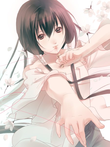 Anime picture 1200x1600 with getbackers studio deen fuuchouin kazuki hirai chika single long hair tall image looking at viewer blush fringe brown hair bare shoulders holding brown eyes wind mouth hold otoko no ko boy flower (flowers) petals