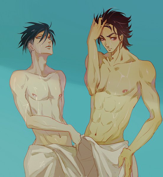 Anime picture 750x816 with jojo no kimyou na bouken higashikata jousuke kishibe rohan canto tall image looking at viewer blush short hair blue eyes light erotic black hair simple background brown hair brown eyes looking away nipples multiple boys wet hand on hip lipstick