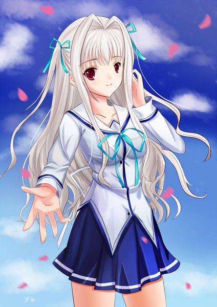 Anime picture 1240x1754 with da capo iii yoshino charles dance of eternity single long hair tall image looking at viewer red eyes sky cloud (clouds) white hair girl skirt uniform school uniform petals