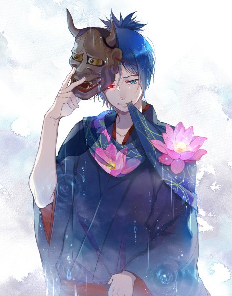 Anime picture 944x1200 with katekyou hitman reborn rokudo mukuro ekita xuan single tall image short hair smile holding blue hair looking away upper body traditional clothes japanese clothes alternate costume heterochromia mouth hold rain mask on head vongola family boy