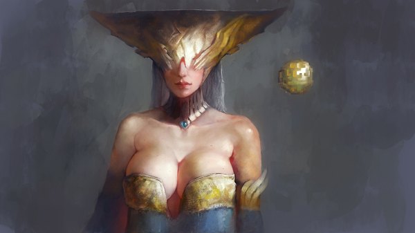 Anime picture 2667x1500 with league of legends lissandra (league of legends) jaggudada (artist) single long hair highres breasts light erotic simple background wide image large breasts bare shoulders lips grey hair girl