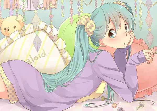Anime picture 1500x1059 with vocaloid hatsune miku pafufu single long hair looking at viewer blush open mouth blue eyes twintails blue hair lying reclining polka dot girl animal food window sweets pillow