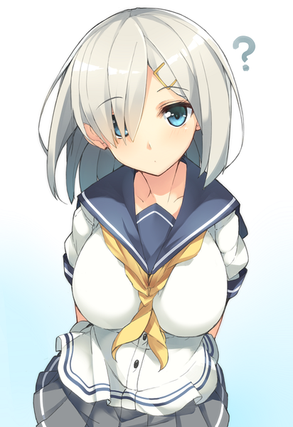 Anime picture 600x873 with kantai collection hamakaze destroyer haruyuki (yukichasoba) single long hair tall image looking at viewer fringe breasts blue eyes simple background silver hair pleated skirt hair over one eye hands behind back ? girl skirt hair ornament miniskirt