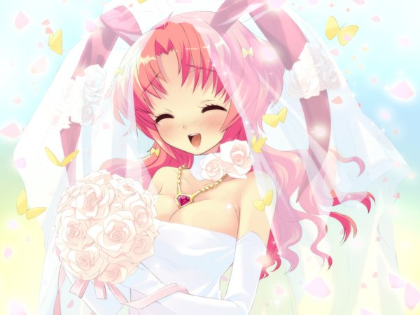 Anime picture 1600x1200 with alice parade luna (alice parade) itou noiji single long hair light erotic smile animal ears pink hair game cg cleavage eyes closed bunny ears girl dress flower (flowers) rose (roses) necklace bouquet wedding dress
