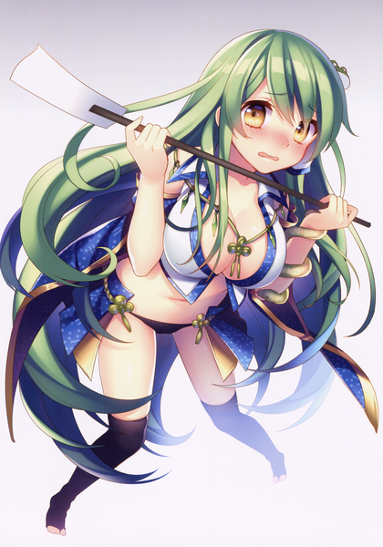 Anime picture 2096x2994 with touhou kochiya sanae masaru.jp single tall image looking at viewer blush highres breasts open mouth light erotic simple background large breasts brown eyes cleavage full body very long hair green hair from above scan