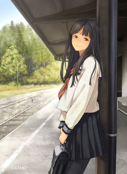 Anime picture 3582x4885 with original kamo (gafas) single long hair tall image looking at viewer blush fringe highres black hair smile standing holding absurdres sky head tilt pleated skirt black eyes girl skirt