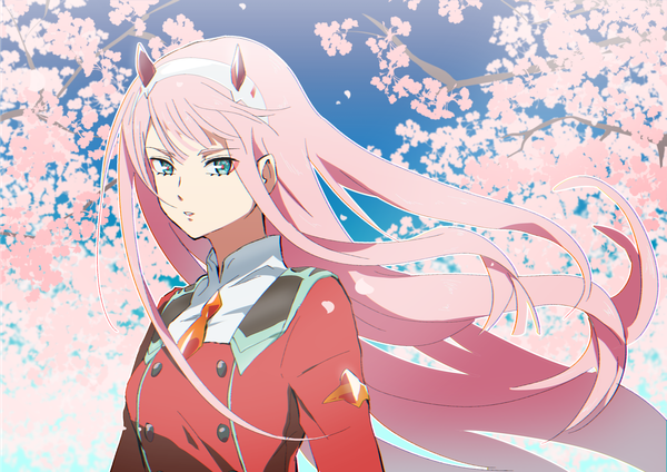 Anime picture 2024x1433 with darling in the franxx studio trigger zero two (darling in the franxx) ao mikan single long hair looking at viewer highres pink hair upper body horn (horns) aqua eyes wind cherry blossoms girl uniform headband