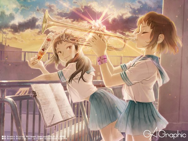 Anime picture 1280x960 with gagraphic na2 wallpaper girl uniform serafuku musical instrument railing roof trumpet