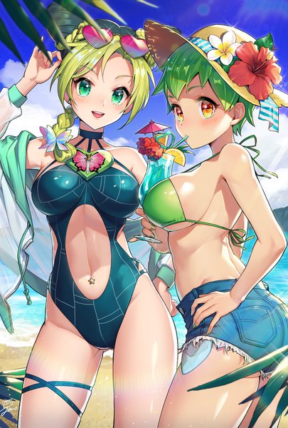 Anime picture 1000x1481 with jojo no kimyou na bouken kujo jolyne foo fighters anzumame long hair tall image blush fringe short hair breasts open mouth light erotic black hair blonde hair smile large breasts standing bare shoulders multiple girls green eyes