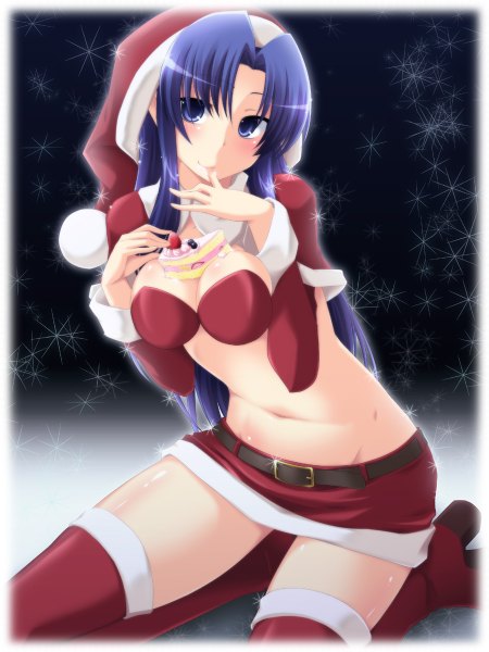 イラスト 900x1200 と とらドラ! j.c. staff kawashima ami ながみ ソロ 長髪 長身像 おっぱい 青い目 light erotic 青い髪 クリスマス 女の子 スカート へそ 袖だけ スイーツ 長靴 サンタクロースハット ケーキ