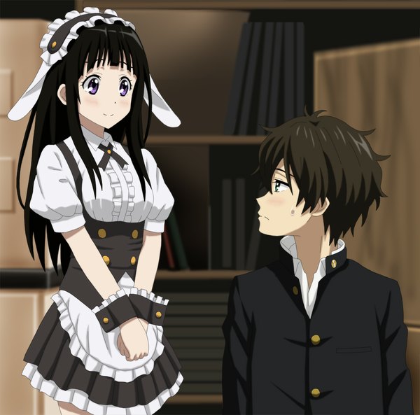 Anime picture 1000x989 with gochuumon wa usagi desu ka? hyouka kyoto animation white fox chitanda eru oreki houtarou cp9a long hair blush short hair black hair smile brown hair purple eyes green eyes maid cosplay girl dress boy