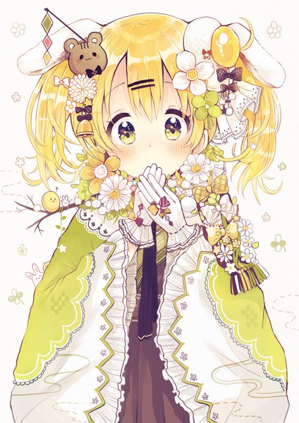 Anime picture 1392x1969 with original sakura oriko single tall image looking at viewer blush fringe short hair blonde hair hair between eyes twintails green eyes animal ears upper body ahoge hair flower wide sleeves bunny ears short twintails covered mouth