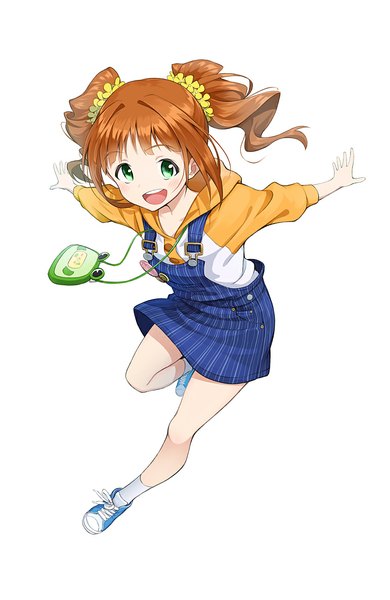 Anime picture 771x1186 with idolmaster takatsuki yayoi mofu single long hair tall image looking at viewer blush fringe open mouth simple background white background twintails green eyes orange hair drill hair spread arms jumping girl dress