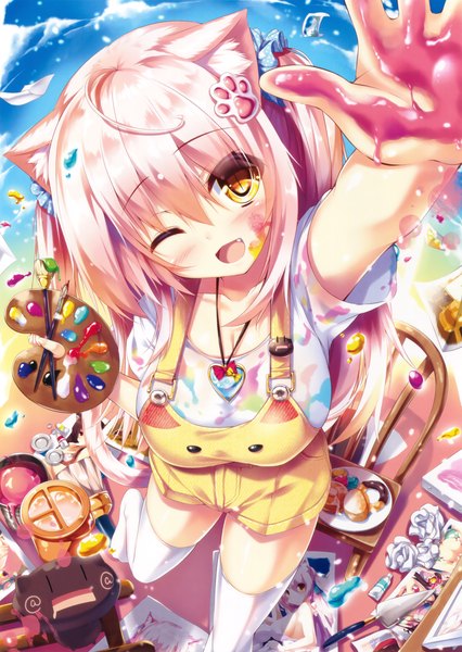 Anime picture 2344x3300 with original eshi 100-nin ten shia flatpaddy syroh single long hair tall image looking at viewer blush highres open mouth animal ears yellow eyes pink hair ahoge tail animal tail one eye closed arm up wink