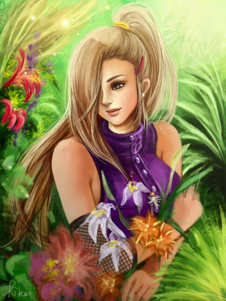 Anime picture 1200x1600 with naruto studio pierrot naruto (series) yamanaka ino rikamello single long hair tall image fringe blue eyes blonde hair ponytail light smile lips hair over one eye realistic girl hair ornament flower (flowers) plant (plants)