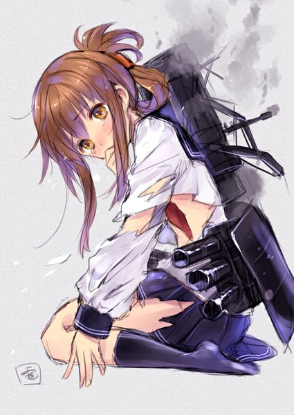 Anime picture 600x847 with kantai collection inazuma destroyer hanekoto single long hair tall image blush fringe light erotic simple background brown hair sitting brown eyes looking away grey background no shoes torn clothes smoke girl uniform