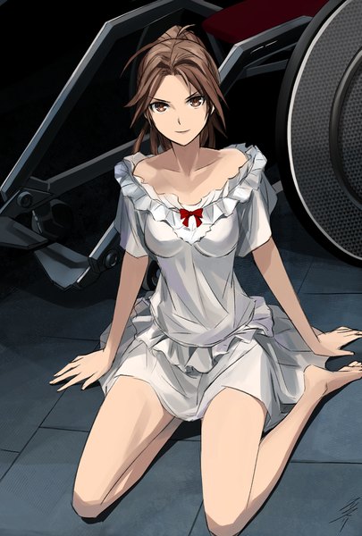 Anime picture 720x1066 with guilty crown production i.g shinomiya ayase kriss sison single long hair tall image looking at viewer smile brown hair sitting brown eyes ponytail barefoot shadow girl dress white dress wheelchair