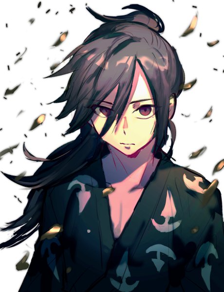 Anime picture 1019x1328 with dororo (tezuka) hyakkimaru (dororo) skystupid single long hair tall image looking at viewer fringe black hair simple background hair between eyes red eyes white background upper body ponytail traditional clothes japanese clothes floating hair boy kimono