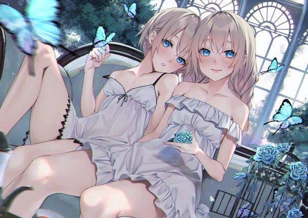 Anime picture 4093x2894 with original waterdog long hair looking at viewer blush fringe highres short hair blue eyes smile sitting bare shoulders multiple girls holding absurdres bent knee (knees) indoors braid (braids) parted lips grey hair