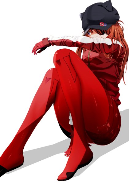 Anime picture 1000x1428 with neon genesis evangelion rebuild of evangelion evangelion: 2.0 you can (not) advance gainax soryu asuka langley archibald (adahalt389zp) single long hair tall image fringe blue eyes simple background brown hair white background sitting shadow girl hat bodysuit eyepatch