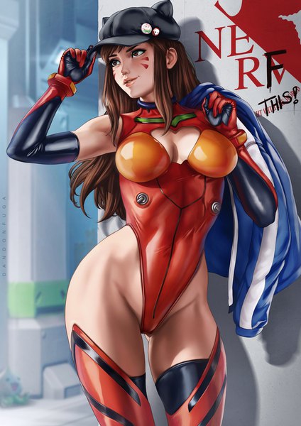 Anime picture 800x1131 with neon genesis evangelion overwatch gainax blizzard entertainment soryu asuka langley d.va (overwatch) shikinami asuka langley pachimari dandon fuga single long hair tall image fringe breasts light erotic brown hair standing holding brown eyes signed