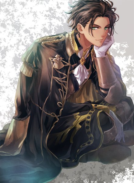 Anime picture 733x1000 with fire emblem fire emblem: three houses fire emblem warriors: three hopes nintendo claude von riegan hksi1pin single tall image looking at viewer short hair smile brown hair sitting green eyes head rest boy gloves white gloves armor vambraces