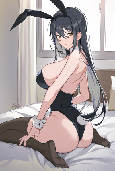 Anime picture 2480x3685 with original ikomochi single long hair tall image looking at viewer blush fringe highres breasts open mouth light erotic black hair hair between eyes large breasts sitting green eyes signed animal ears full body