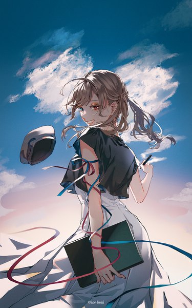 Anime picture 1400x2240 with original ao+beni single long hair tall image looking at viewer fringe blue eyes smile red eyes brown hair standing holding signed sky cloud (clouds) ahoge outdoors from behind short sleeves