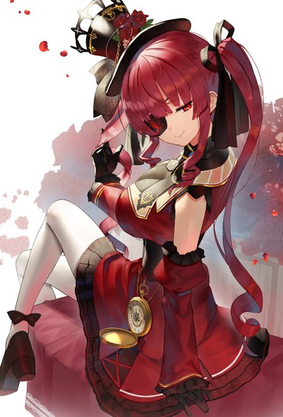 Anime picture 2456x3616 with virtual youtuber hololive houshou marine houshou marine (3rd costume) scottie (phantom2) single long hair tall image looking at viewer fringe highres breasts smile red eyes large breasts sitting twintails payot bent knee (knees) red hair