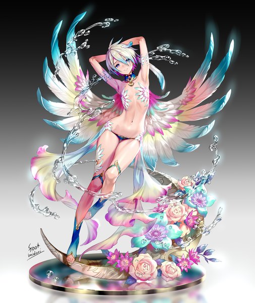 Anime picture 1515x1800 with original midori foo single tall image looking at viewer fringe short hair blue eyes light erotic simple background smile hair between eyes standing signed silver hair full body parted lips head tilt multicolored hair arms up
