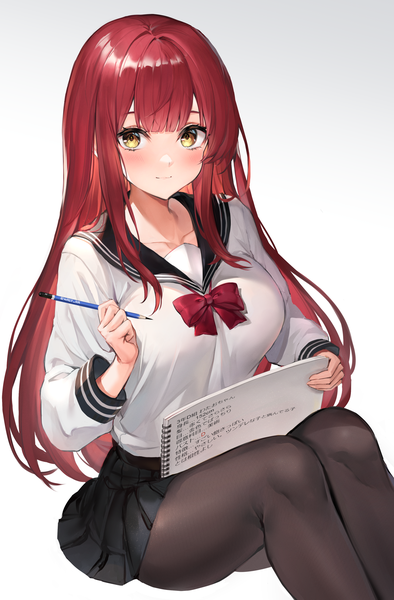 Anime picture 2448x3728 with original watao single long hair tall image looking at viewer blush fringe highres breasts simple background sitting holding yellow eyes bent knee (knees) red hair blunt bangs long sleeves from above light smile