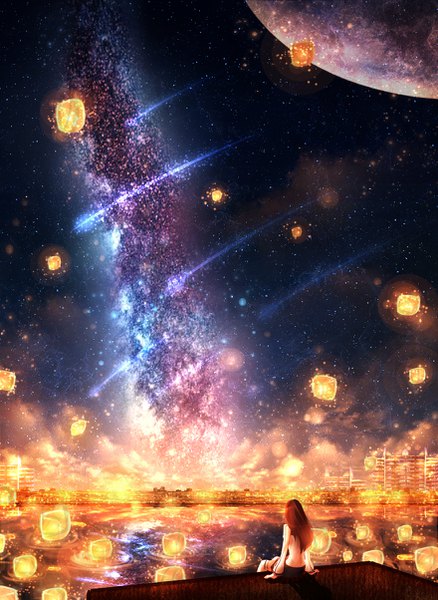 Anime picture 879x1204 with original czy single long hair tall image brown hair sitting from behind night arm support night sky space milky way girl water star (stars) paper lantern