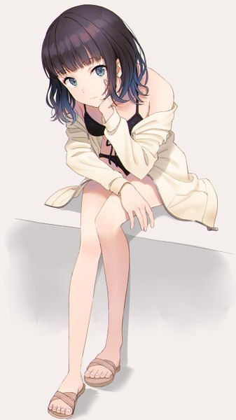 Anime picture 750x1334 with original hyuuga azuri single tall image looking at viewer fringe short hair breasts blue eyes light erotic black hair simple background sitting bare shoulders full body bent knee (knees) blunt bangs multicolored hair off shoulder grey background