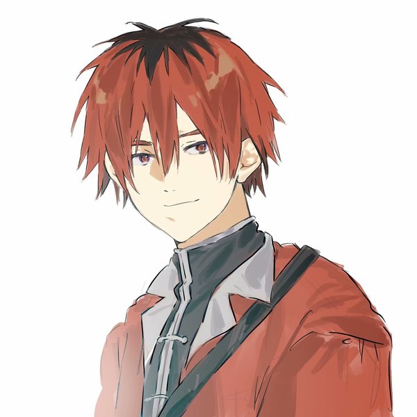 Anime picture 1600x1600 with sousou no frieren stark (sousou no frieren) asai (asai29302179) single looking at viewer fringe short hair simple background hair between eyes red eyes white background upper body red hair boy