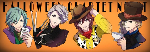 Anime picture 1200x417 with uta no prince-sama a-1 pictures mikaze ai kurosaki ranmaru kotobuki reiji camus mad hatter the joker edward scissorhands (character) sheriff woody myua long hair looking at viewer short hair blonde hair smile brown hair wide image purple eyes brown eyes