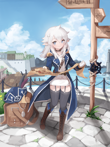 Anime picture 2379x3194 with original seorang single long hair tall image looking at viewer fringe highres blue eyes smile hair between eyes standing holding payot sky cloud (clouds) full body ahoge outdoors white hair