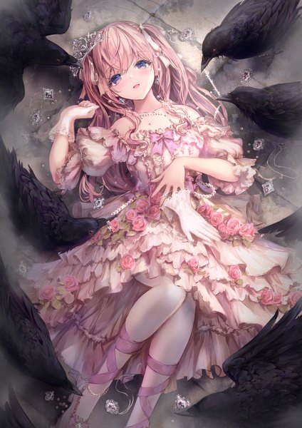 Anime picture 1331x1883 with original missle228 single long hair tall image fringe open mouth blue eyes pink hair full body outdoors lying sparkle on back two side up puffy sleeves girl dress gloves flower (flowers)