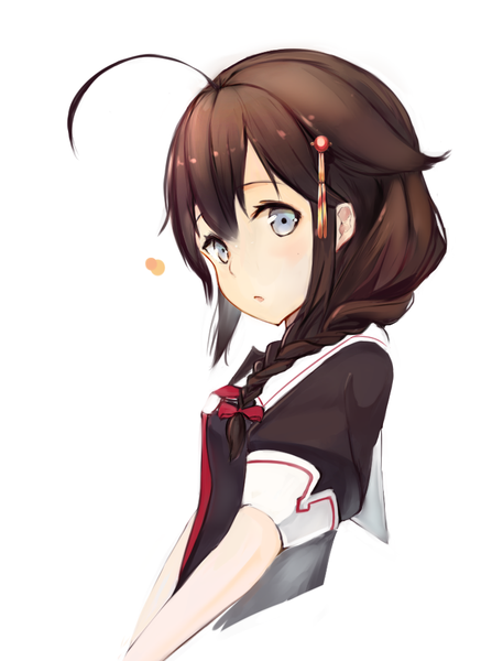 Anime picture 750x1006 with kantai collection shigure destroyer unajuu (set mk) single long hair tall image looking at viewer blush fringe blue eyes simple background hair between eyes brown hair white background ahoge braid (braids) single braid portrait remodel (kantai collection) girl