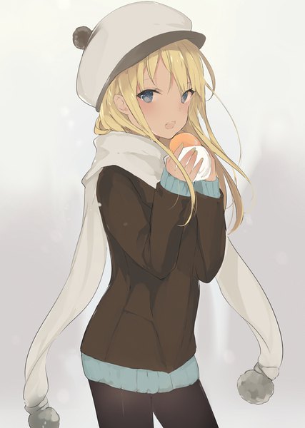 Anime picture 650x914 with original lpip single long hair tall image looking at viewer fringe open mouth blue eyes simple background blonde hair hair between eyes standing holding long sleeves gradient background eating revision girl food